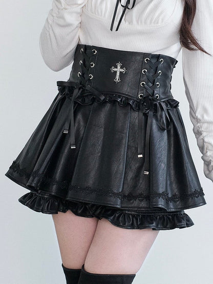 Cross Black Kei Lace-Up Skirt Jirai Decor Bow Ruffled Leather