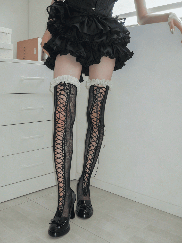 Fishnet Lace-Up Trim Black Lace Stockings Front
