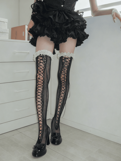 Fishnet Lace-Up Trim Black Lace Stockings Front