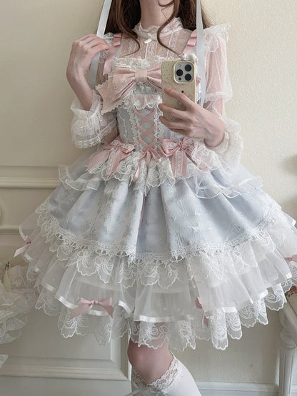 Jacquard Only Princess Dreamy Blue Train with Details JSK Ruffled Bow / Lace Dress Embossed + Lolita