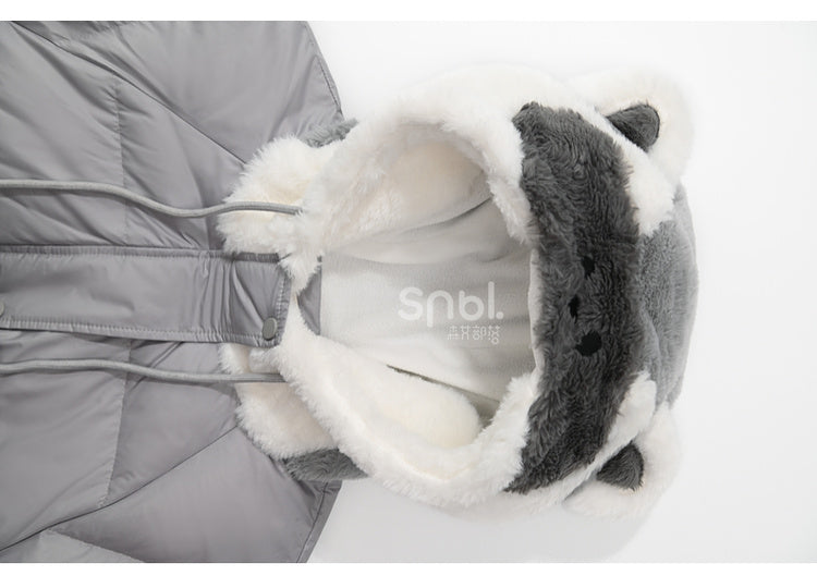 Cute Raccoon Plush Hood Grey Hooded Down Jacket