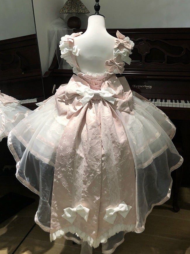 Pink Rabbit Ear Lolita JSK Dress KC Train Bowknot Velvet Set - Sweet Dream