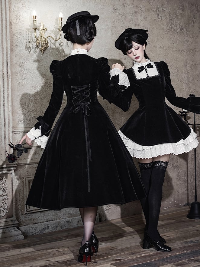 Black Cascading Lolita Elegant White Ruffled Dress Jacquard Ruffle Paneled Skirt with Fabric Neck