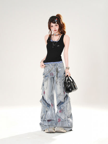 Tank Top Black and Blue Plaid Faux Two-pieces Slim-fitting