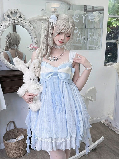 Blue Polka Dot Bow Sleeveless Bubble Dress with Lace - Tan Tuan