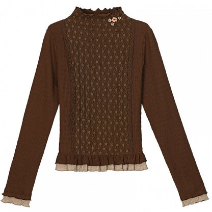 Braunes Oberteil mit Rüschenausschnitt und langen Ärmeln und Rüschensaum