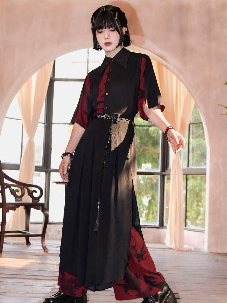 Gothic Black and Red Spliced Pointed Flat Collar Short Sleeve Shirt with Crow Motif - Quirky Hut