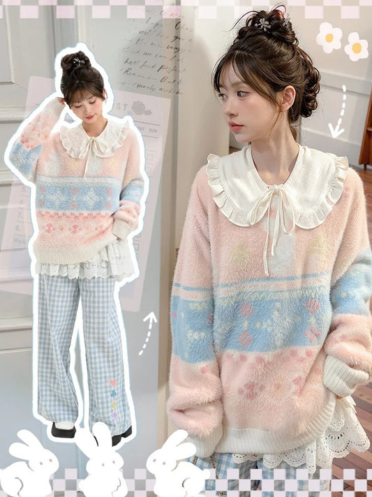 Pink Cute Bunnies Pattern Round Neck Soft Sweater