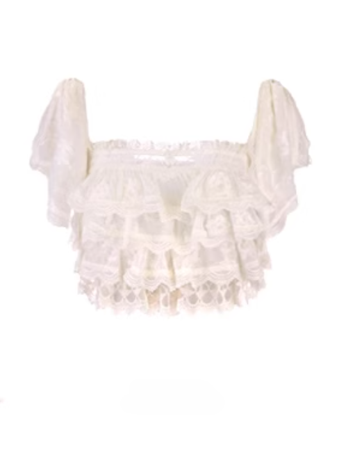 With Top Lace Overlay Chiffon White Floral Flounce Embroidered Creamy