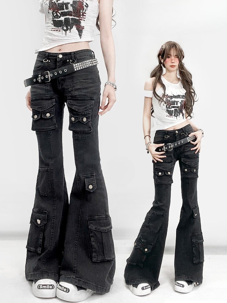 Silhouette Jeans With Multiple Pocket Accents Waist Flare Low Black Glamorous Bittersweet Kawaii