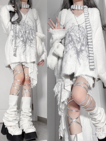 Print with Character Faux Fur White Sweater Cartoon