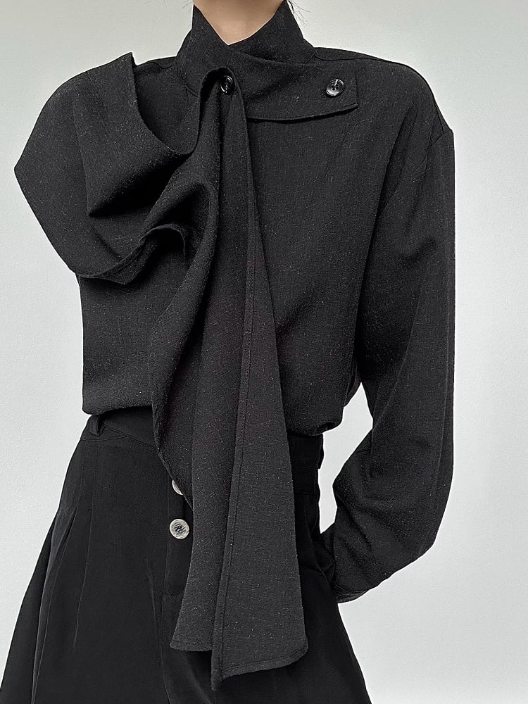Extended Sleeve Convertible Shirt with Unisex Scarf Long Black