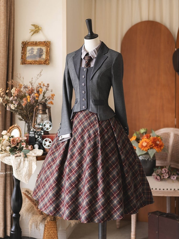 with Buttons Metal Cropped Blazer Autumn/Winter Gray Vintage