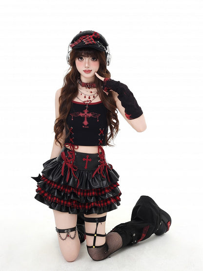 PU Tiered Plaid Punk Red Mini Black Skirt with Lacing Crisscross
