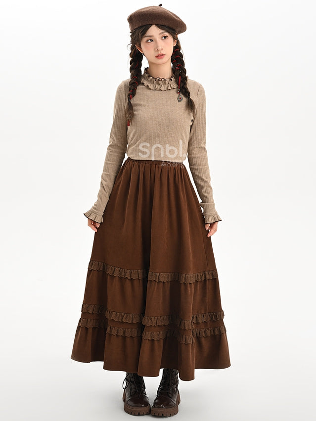 Hellbraunes Langarm-Top mit Rüschenausschnitt