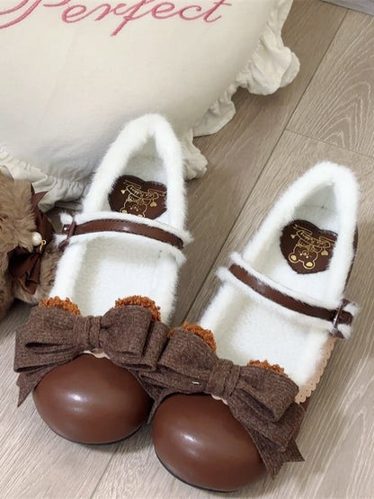 Chocolate Regular/Thicken Scalloped with Version - Sweet Bear-themed Lolita Trim Low/Mid Bow Removable Ornate Heels