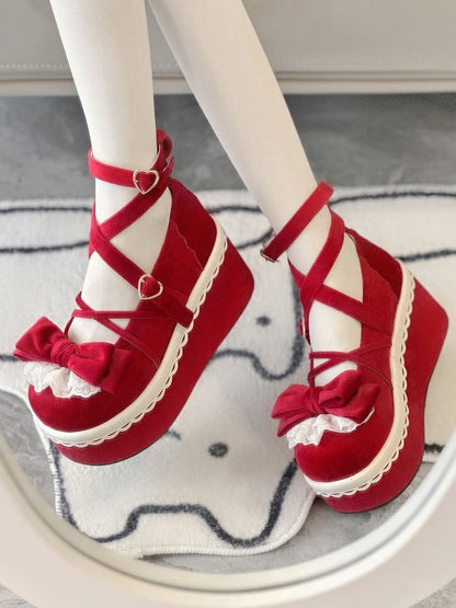Lolita Velvet with Red Mary Janes - Crisscross Romantic for Lace Bow Design Accented Clasp