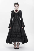 Black Long Sleeve Floral Embroidery Lace-Up Pleated Gothic Dress