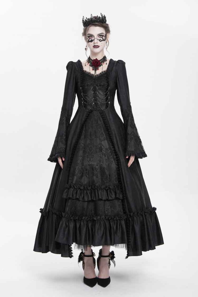 Black Long Sleeve Floral Embroidery Lace-Up Pleated Gothic Dress