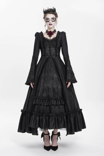 Black Long Sleeve Floral Embroidery Lace-Up Pleated Gothic Dress