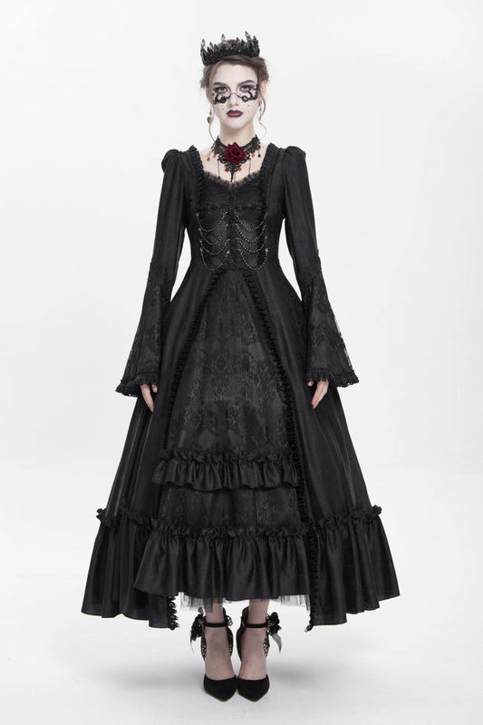 Black Long Sleeve Floral Embroidery Lace-Up Pleated Gothic Dress