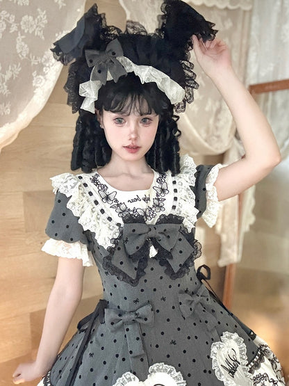Gray Dot Sweet Lace-Trimmed Pattern Rabbit Dress Appliques with Polka Lolita Sweetheart