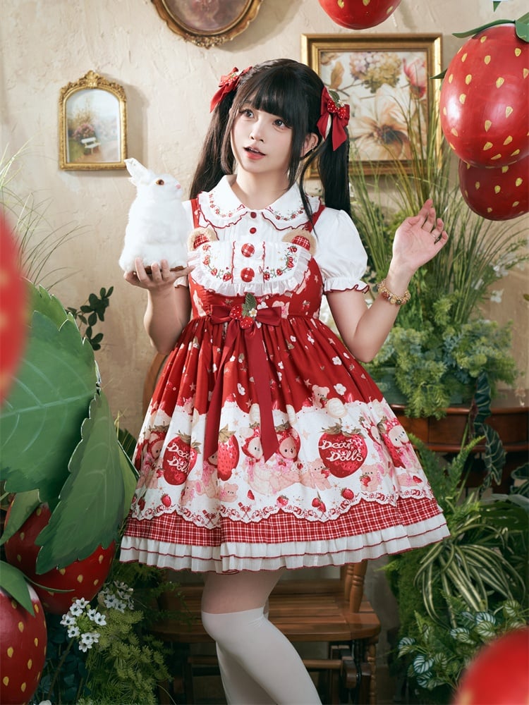 Süße Lolita-Bluse mit weißem Kontrast und rotem Besatz, Peter-Pan-Kragen und Puffärmeln