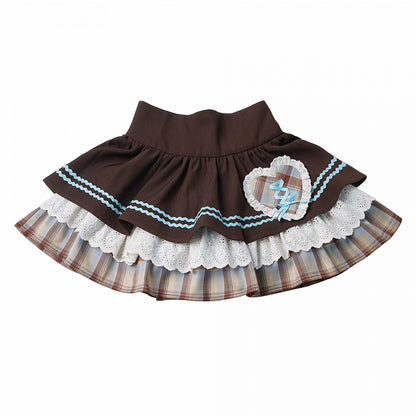 Tiered Skirt with Lace Trim and Plaid Heart Patch in Brown and Blue - PINK SAVIOR
