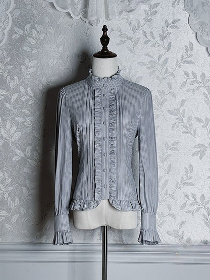 Blue Striped Tie Bow Ruffled Lolita Gray Blouse with