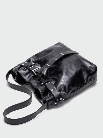 Elegant Black Tote Bag With Belt Buckle Accent - Perfect For Commuting