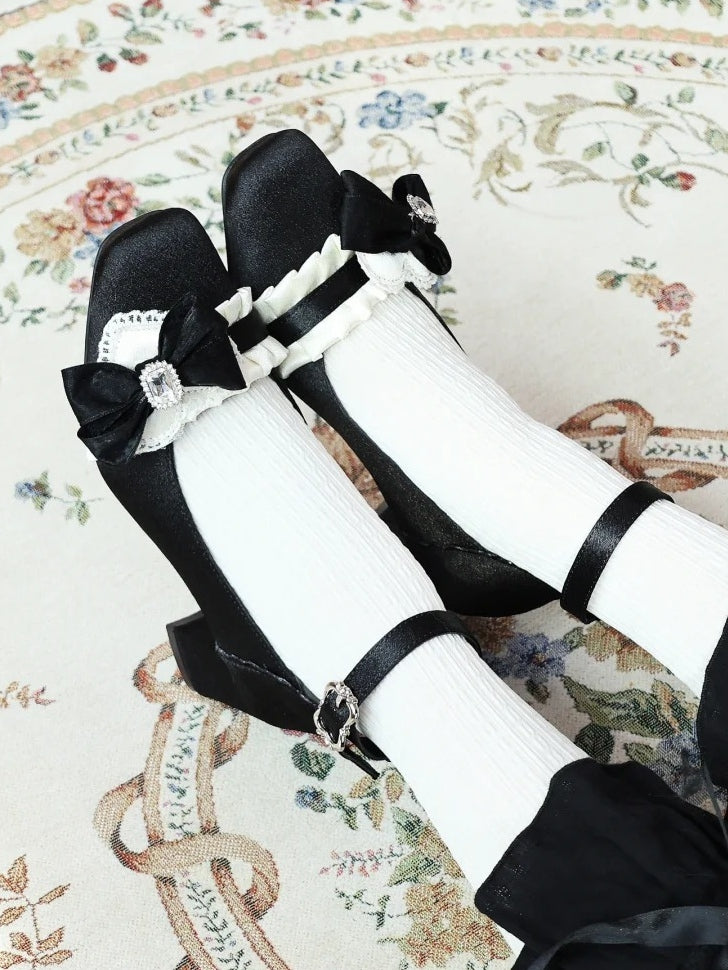 - Lolita Mid Black Heels Sophisticated Square Toe