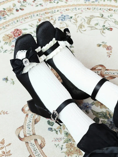 - Lolita Mid Black Heels Sophisticated Square Toe