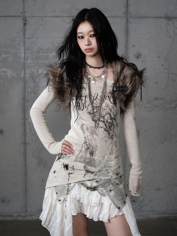 Chain with Brown Accents Vintage Faux Details Studded Vest Fur Punk