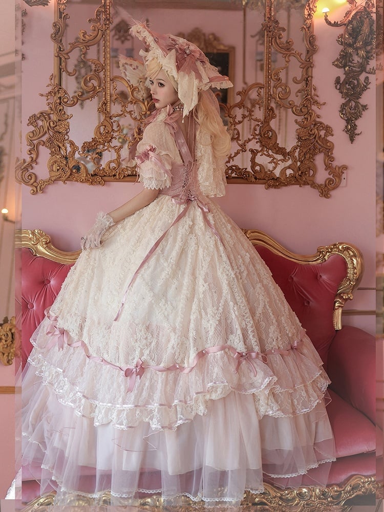 Hime Bowknot Pink Dress Piece One Lolita Hanayome Gorgeous Floral Beige and Corset