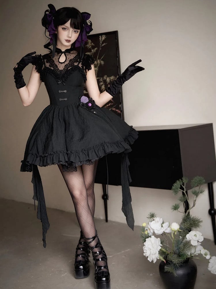 Ärmel Tüll Schwarzes Top Gepunkteter Flatterkragen Qipao Sheer