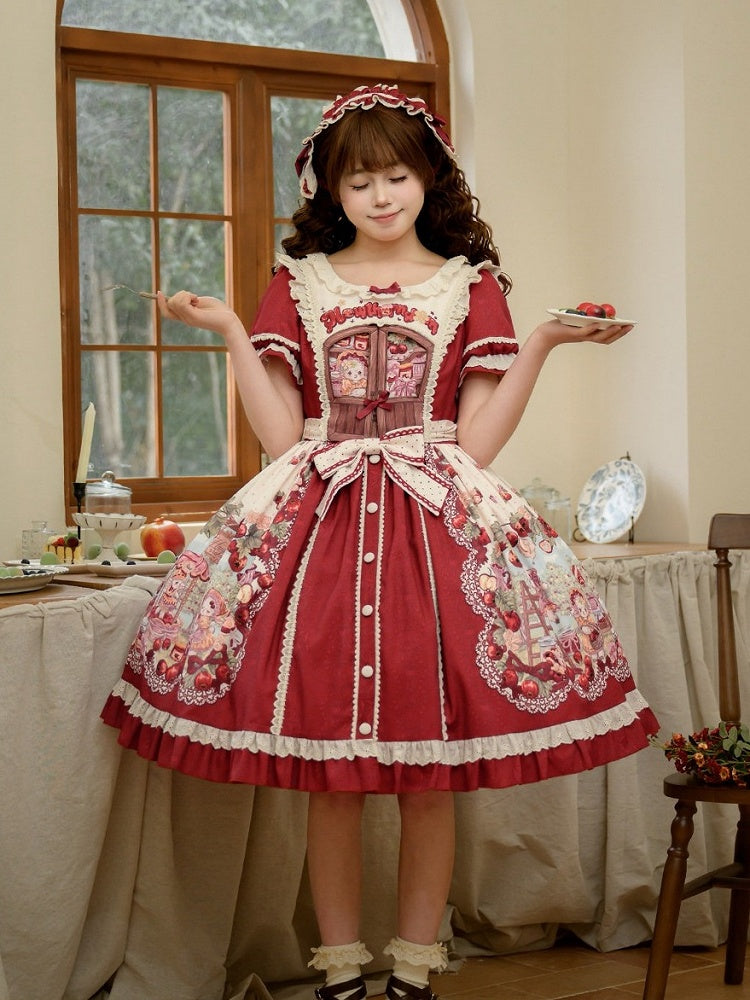 Sweetheart Puff-Sleeve Fruit Print Lolita Dress - Honey Machine