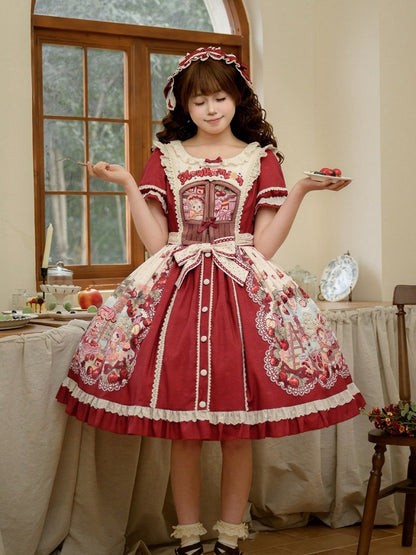 Sweetheart Puff-Sleeve Fruit Print Lolita Dress - Honey Machine