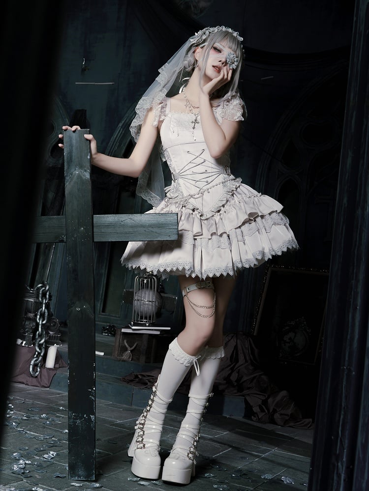 Skirt Set Short Veil Waist Corset - Silver Full Head Necklace Chain Lolita + Gothic Embroidered Top