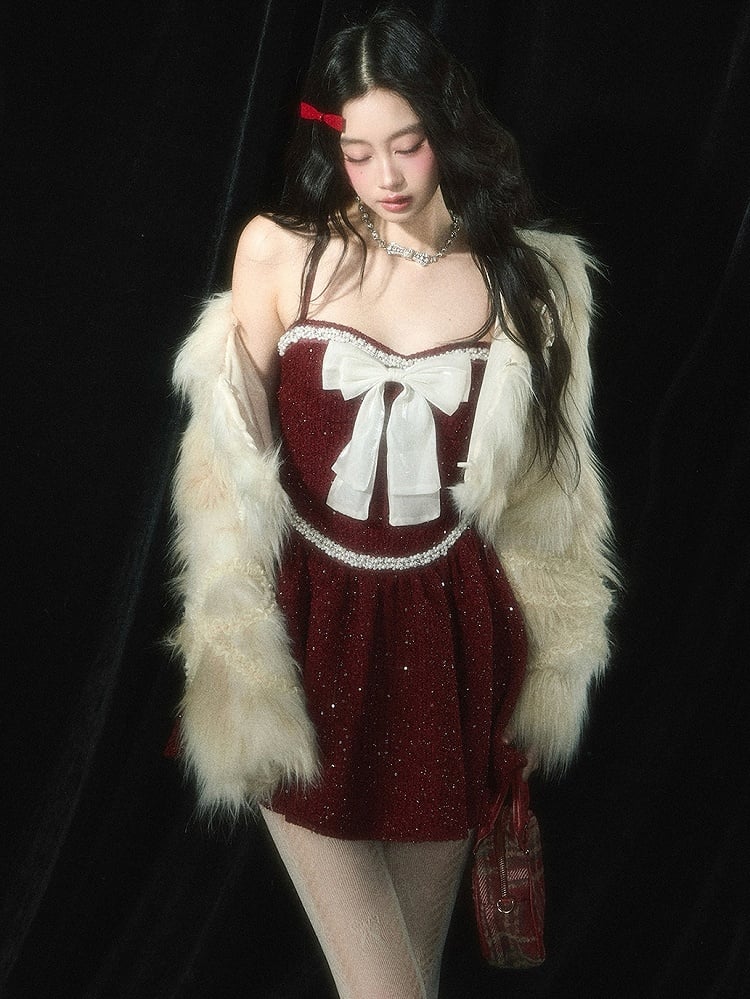 Weihnachtsrotes Tweed-Unterkleid mit Schleife und Perlendetails