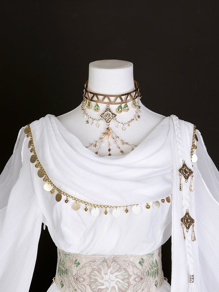 Greek-inspired White Lolita Gold Chiffon Corset Dress + Belt with Accents Embroidered