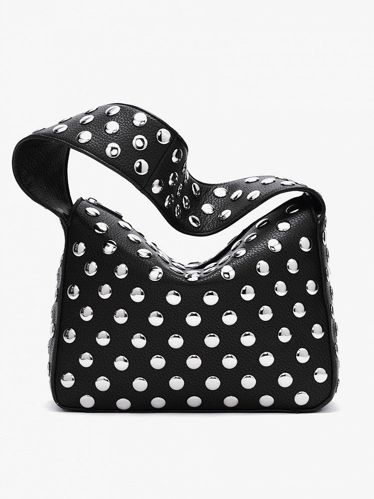 Edgy Black Studded Wide-Strap Shoulder Bag