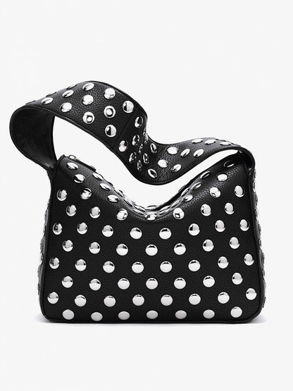 Edgy Black Studded Wide-Strap Shoulder Bag