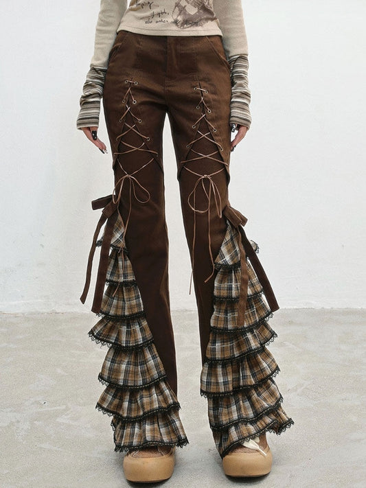 Brown - Pastel Lace-up Pants Details Punk