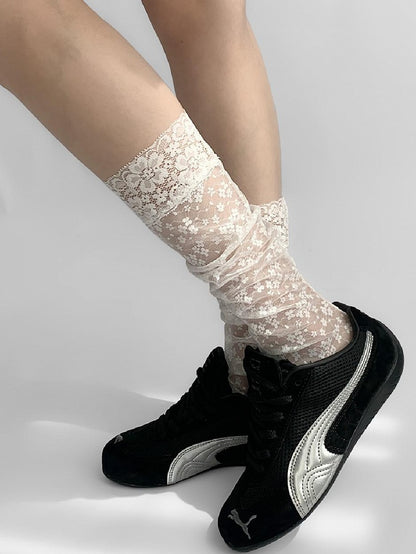 Floral Socks Calf Lace Trim White Embroidery