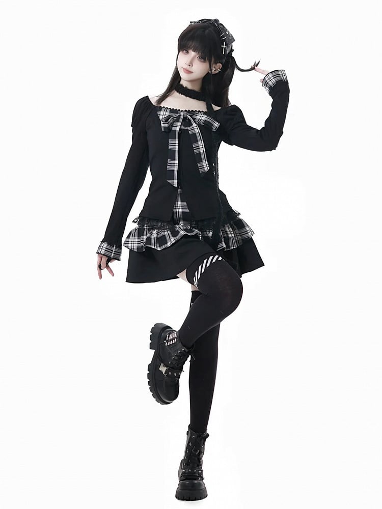 Trim Lace Bowknot and Plaid Subculture Top with Two-Piece Fashion Faux Black