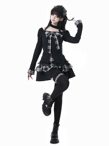 Trim Lace Bowknot and Plaid Subculture Top with Two-Piece Fashion Faux Black
