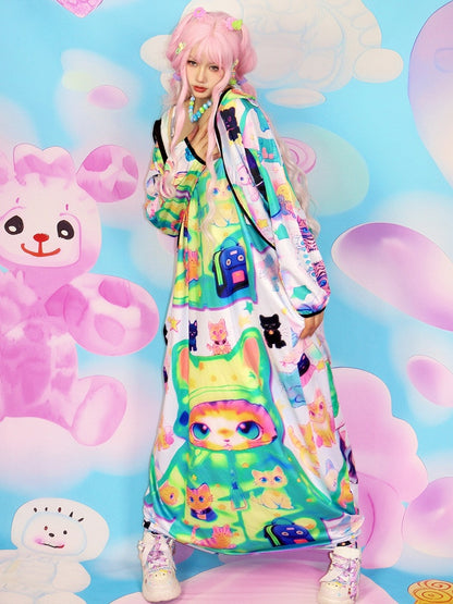 Y2K Hoodie Green Jacket Print Sun Cat Protection