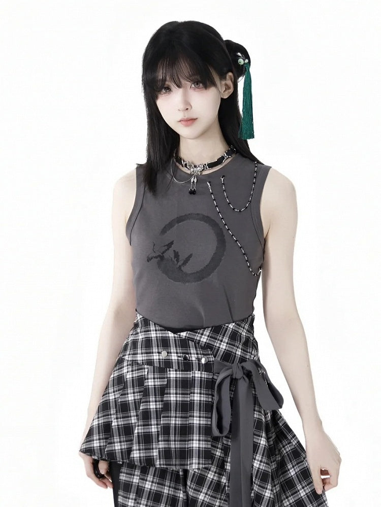 Dunkelgraues, kurzes, abnehmbares Tanktop mit Kranich-Print und Perlenketten