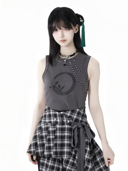 Dunkelgraues, kurzes, abnehmbares Tanktop mit Kranich-Print und Perlenketten