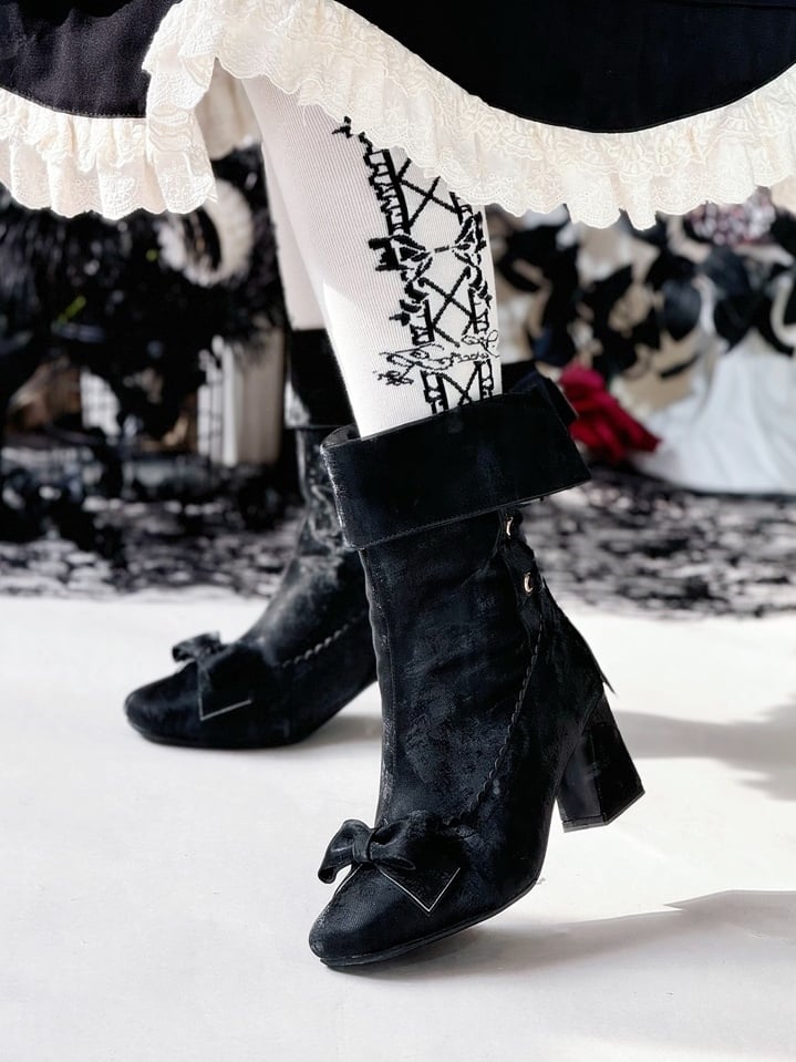 Rear High - Scalloped Foldable Lacing Cuff Elegant Black Block with Ankle Lolita Boots Heel Edging